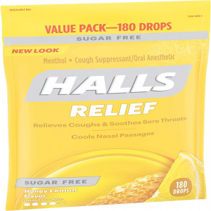 HALLS Relief Honey Lemon Sugar Free Cough Drops, Value Pack, 180 Drops