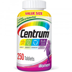 Centrum Multivitamin for Women, Multivitamin/Multimineral Supplement with Iron, Vitamin D3, B Vitamins and Antioxidant Vitamins C and E, Gluten Free, Non-GMO Ingredients - 250 Count
