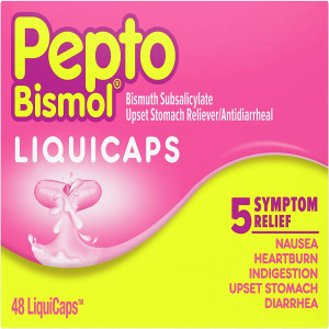 Pepto Bismol Liquicaps, Upset Stomach Relief, Bismuth Subsalicylate, Multi-Symptom Relief of Gas, Nausea, Heartburn, Indigestion, Upset Stomach, Diarrhea, 48 Liquicaps