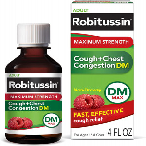 Robitussin Adult Maximum Strength Cough + Chest Congestion DM Max (4 fl. oz. Bottle), Non-Drowsy Cough Suppressant & Expectorant, Raspberry Flavor