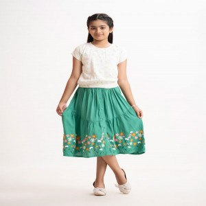 White Green Viscose Kids Woven Set