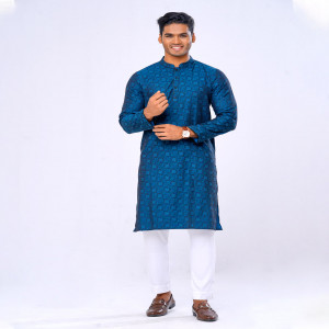 Blue Semi Fitted Jacquard Cotton Panjabi