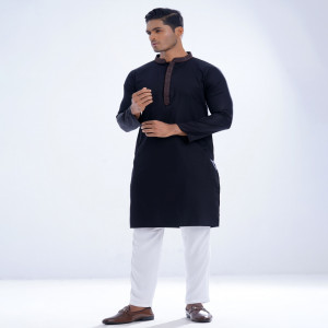 Black Semi Fitted Cotton Panjabi