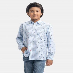 Blue and White Striped Cotton Long Sleeve Shirt