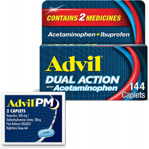 Advil Dual Action With Acetaminophen And Ibuprofen (2 Dose Equivalent) For 8 Hour Pain Relief, Coated 144 Ct Caplets And 2 Ct. Sample Of Advil PM