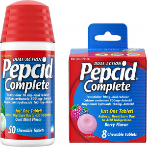 Pepcid Complete Acid Reducer + Antacid Chewables, 10 mg Famotidine, 800 mg Calcium Carbonate & 165 mg Magnesium Hydroxide per Tablet, Fast Heartburn Relief, 50 ct Mint & 8 ct Berry