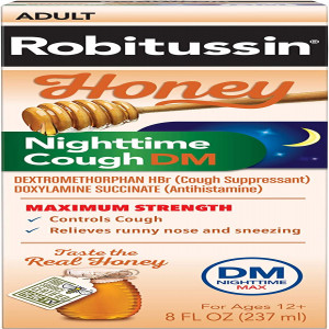 Robitussin Maximum Strength Honey Nighttime Cough DM, Cough Medicine for Adults Made with Real Honey for Flavor- 8 Fl Oz Bottle