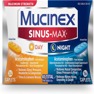 Mucinex Sinus-Max Maximum Strength Day and Night, Sinus Symptom Relief, 40 Count
