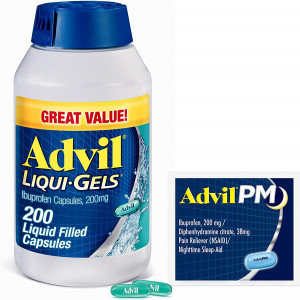 Advil Liqui-Gels Pain Reliever and Fever Reducer, Pain Medicine for Adults with Ibuprofen 200mg for Headache, Backache, Menstrual Pain and Joint Pain Relief - 200 Capsules, Advil PM Ibuprofen - 2 Ct
