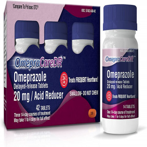 OmepraCareDR 42 Count Tablets Omeprazole 20mg Acid Reducer for Heartburn (14 Tablets/Bottle) One 3-Pack Carton for Three 14-Day Treatments, Delayed-Release