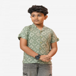 Green Cotton Kids Cuban Collar Shirt