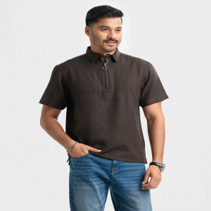 Coffee Half Zip Short Sleeve Casual Shirt