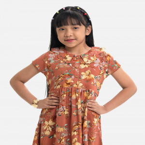 Terracotta Brown Georgette Princess Patterned Frock