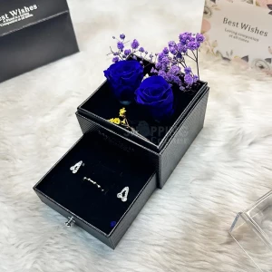 Premium Blue Preserved Rose Box With Jewelry