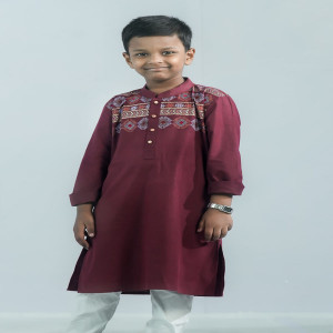 Burnt Maroon Cotton Printed & Embroidered Panjabi for Boys