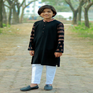 Black Jacquard Cotton Printed & Embroidered Panjabi for Boys