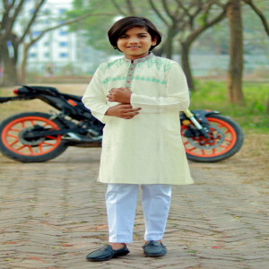 Off White Jacquard Cotton Printed & Embroidered Panjabi for Boys