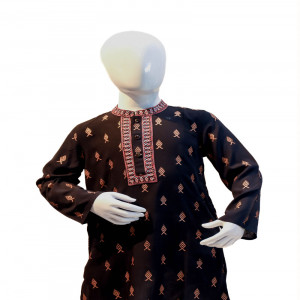 Black Linen Printed & Embroidered Panjabi for Junior Boys