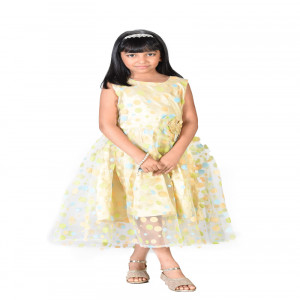 Golden Silk Printed Frock for Junior Girls