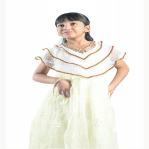 White Silk Printed Frock for Junior Girls