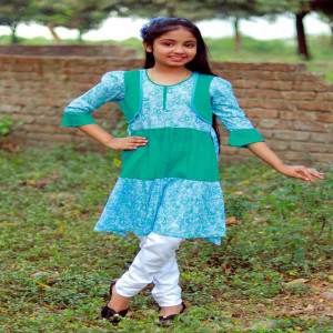 Aqua Green Voile Printed Frock for Girls
