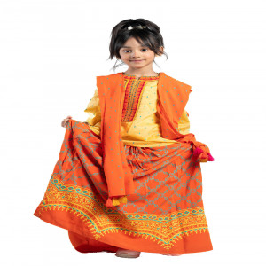 Yellow Paste Voile Printed & Embroidered Lehenga for Girls
