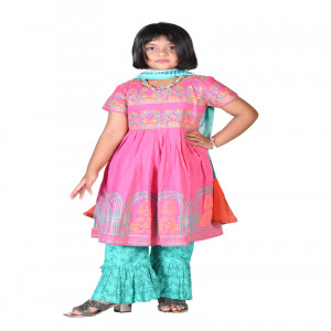 Magenta Cotton Printed & Tie-dyed Salwar Kameez Set for Girls