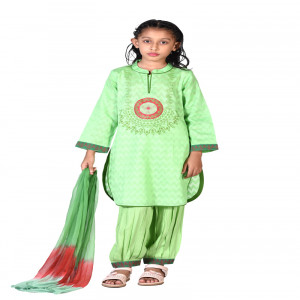 Parrot Green Cotton Printed Salwar Kameez Set for Girls