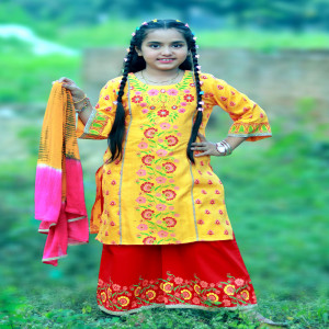 Marigold Jacquard Cotton Printed & Embroidered Salwar Kameez Set for Girls