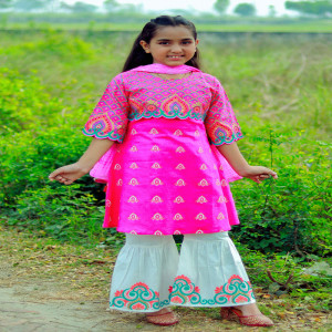 Hot Pink Jacquard Cotton Printed & Embroidered Salwar Kameez Set for Girls