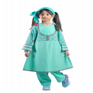 Pastel Green Linen Printed & Tie-dyed Salwar Kameez Set for Girls