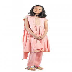 Peach Pink Linen Printed & Embroidered Salwar Kameez Set for Girls