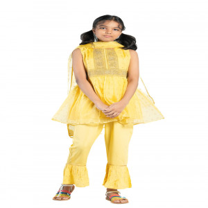 Yellow Golden Organza Printed & Embroidered Salwar Kameez Set for Girls