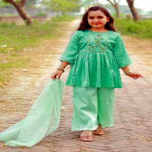 Pastel Green Silk Printed Salwar Kameez Set for Girl