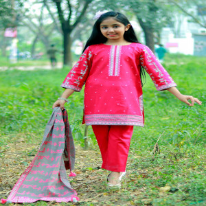 Marigold Jacquard Cotton Printed & Embroidered Salwar Kameez Set for Girls