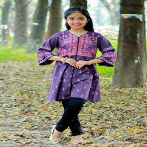 Regal Purple Cotton Printed & Embroidered Tunic for Girls