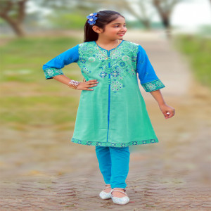 Pastel Green Cotton Printed & Embroidered Tunic for Junior Girls