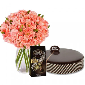 chocolate-mud-cake-with-pink-carnations-lindt-dark-chocolates