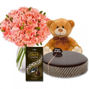 chocolate-mud-cake-with-pink-carnations-lindt-dark-chocolates-8-inch-teddy
