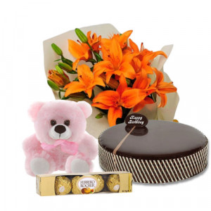chocolate-mud-cake-with-orange-lilies-ferrero-rocher-6-inch-teddy