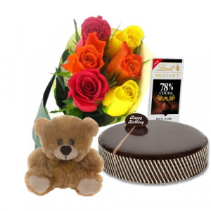 chocolate-mud-cake-with-mix-roses-lindt-dark-cocoa-chocolate-6-inch-teddy