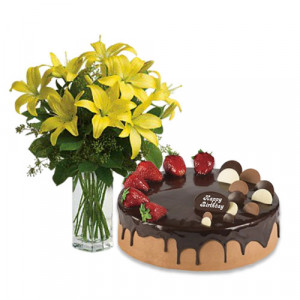 yellow-lilies-with-choco-strawberry-cake-1