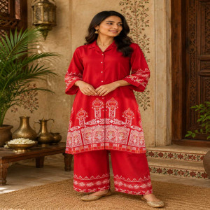 Red Cotton Co-Ord Set for Women