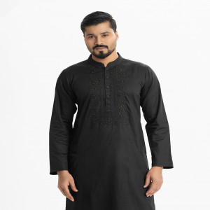 Black Cotton Semi Fitted Panjabi