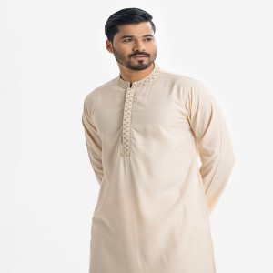 Cream Cotton Semi Fitted Panjabi