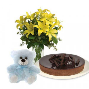 lilies-bouquet-with-chocolate-cheesecake-6-inch-teddy