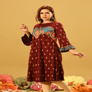 Maroon Cotton Printed & Embroidered Kurti