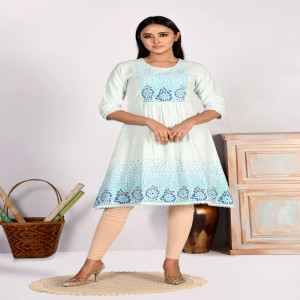 Aqua Mint Cotton Printed & Embroidered Kurti