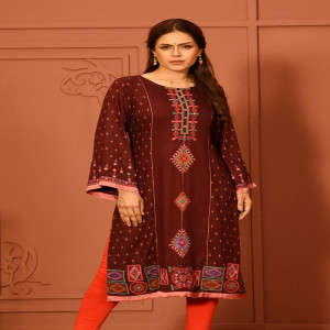 Plum Red Cotton Printed & Hand Embroidered Kurti