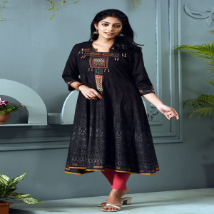 Black Cotton Printed & Embroidered Kurti